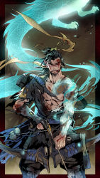 Rule 34 | 1boy, absurdres, arrow (projectile), black hair, blood, blood on face, blue eyes, bow (weapon), dragon, hanzo (overwatch), headband, hermithessa, highres, japanese clothes, male focus, manly, overwatch, overwatch 1, ponytail, solo, tattoo, torn clothes, weapon, wince