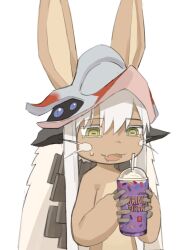 Rule 34 | 1other, androgynous, brown fur, commentary, cup, disposable cup, drinking straw, drooling, ears through headwear, fake horns, furry, grimace shake (meme), hair between eyes, hands up, helmet, highres, holding, holding cup, horizontal pupils, horned helmet, horns, knifedragon, made in abyss, meme, milkshake, mouth drool, nanachi (made in abyss), open mouth, other focus, simple background, smile, solo, upper body, whiskers, white background, white hair, yellow eyes