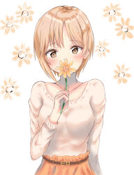 Rule 34 | 1girl, aiba yumi, blush, breasts, collarbone, covered mouth, floral background, flower, highres, holding, holding flower, idolmaster, idolmaster cinderella girls, light brown hair, looking at viewer, medium breasts, orange skirt, shirt, skirt, solo, tamaao (tamaao31241), white shirt