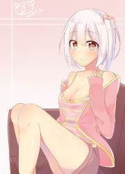 Rule 34 | 1girl, bad id, bad pixiv id, barefoot, breasts, collarbone, couch, hair between eyes, hand on own chest, highres, light smile, looking at viewer, loungewear, on couch, orange eyes, original, short hair, shorts, silver hair, sitting, sleeves past wrists, small breasts, solo, sudale