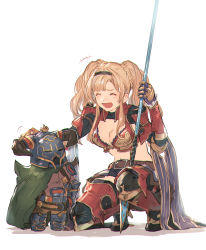 Rule 34 | +++, 1boy, 1girl, armor, asymmetrical bangs, belt, blonde hair, boots, breasts, cape, cleavage, closed eyes, fake horns, gauntlets, granblue fantasy, hair intakes, hairband, hand on another&#039;s head, helmet, high heel boots, high heels, highres, holding, holding polearm, holding weapon, horned helmet, horns, laughing, long hair, medium breasts, mini person, miniboy, miniskirt, on one knee, open mouth, polearm, shimatani azu, simple background, skirt, spear, twintails, vaseraga, weapon, white background, zeta (granblue fantasy)