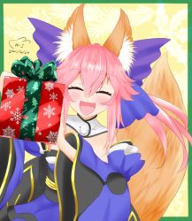 Rule 34 | 1girl, :3, :d, animal ear fluff, animal ears, blue bow, blue kimono, blush, border, bow, box, breasts, christmas, christmas tree print, closed eyes, collar, commentary request, dated, detached sleeves, extra, eyelashes, fate/extra, fate/grand order, fate (series), fox ears, fox girl, fox tail, gift, gift box, green border, green ribbon, hair between eyes, hair bow, happy, holding, holding gift, japanese clothes, kimono, long hair, long sleeves, obi, open mouth, pink hair, ribbon, sash, sidelocks, signature, smile, snowflake print, solo, split ponytail, standing, tail, tamamo (fate), tamamo no mae (fate/extra), tongue, upper body, white collar, wide sleeves, winsankemonodou, yellow background