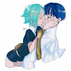 Rule 34 | 2others, androgynous, aqua hair, aqua nails, belt, blue hair, blunt bangs, bowl cut, closed eyes, collared shirt, colored eyelashes, crack, cracked skin, cropped legs, crying, crying with eyes open, crystal hair, dual persona, gem, gem uniform (houseki no kuni), glowing, glowing eye, gold, golden arms, hand on another&#039;s waist, high collar, highres, houseki no kuni, kiss, leaning, leaning back, leaning forward, liquid, molten metal, moon uniform (houseki no kuni), multiple others, nail polish, necktie, onem., other focus, parted bangs, phosphophyllite, phosphophyllite (ll), puffy short sleeves, puffy sleeves, selfcest, shirt, short hair, short jumpsuit, short shorts, short sleeves, shorts, simple background, straight hair, teardrop, tears, time paradox, white background, white belt, white eyes, white shirt, wide sleeves, wing collar
