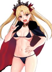 Rule 34 | 1girl, bikini, black bikini, blonde hair, blush, breasts, cape, cocq taichou, collar, commentary request, earrings, ereshkigal (fate), fate/grand order, fate (series), fur-trimmed cape, fur trim, hair ribbon, hand on own hip, hand up, hip focus, hoop earrings, index finger raised, jewelry, long hair, looking at viewer, medium breasts, navel, open mouth, red cape, red eyes, red ribbon, ribbon, skull, solo, swimsuit, thighs, tiara, tohsaka rin, twintails, two side up