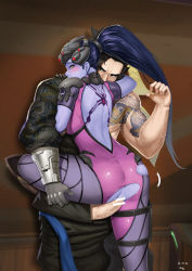 Rule 34 | 1boy, 1girl, ah-lyong lee, anus, ass, bar censor, black eyes, black hair, blue hair, blue skin, blush, breasts, censored, colored skin, earrings, hand on another&#039;s leg, hanzo (overwatch), head-mounted display, helmet, hetero, highres, hug, jewelry, long hair, looking back, overwatch, overwatch 1, penis, ponytail, sex, sideboob, skin tight, standing, standing on one leg, tattoo, textless version, thigh grab, thigh strap, torn clothes, translation request, vaginal, veins, veiny penis, visor, widowmaker (overwatch), yellow eyes