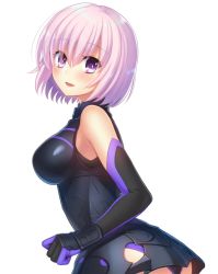 Rule 34 | 1girl, :d, armored leotard, black gloves, black leotard, blush, breasts, elbow gloves, fate/grand order, fate (series), from side, gloves, hair between eyes, leotard, looking at viewer, mash kyrielight, medium breasts, nakamura hinato, open mouth, pink hair, purple eyes, shiny clothes, short hair, simple background, smile, solo, standing, white background