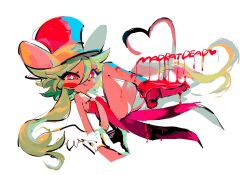 Rule 34 | 1girl, ambiguous red liquid, animal ears, blush stickers, buttoned cuffs, buttons, collar, collared dress, commentary, copyright name, dress, feathered wings, floating hair, green hair, hair between eyes, hat, heart, heart tail, high heels, highres, leotard, looking at viewer, mad rat dead, mochako (motyako 1005), mouse ears, mouse girl, mouse tail, necktie, rat god (mad rat dead), red dress, red footwear, red hat, sidelocks, smile, snout, tail, top hat, white background, white collar, white leotard, white necktie, white wrist cuffs, wings, wrist cuffs