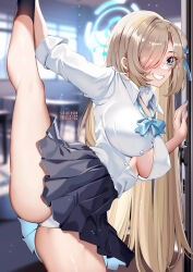 Rule 34 | 1girl, asuna (blue archive), black skirt, blonde hair, blue archive, blue bow, blue bowtie, blue eyes, blue nails, bow, bowtie, breasts, commentary, grin, hair over one eye, highres, indoors, large breasts, leg up, long hair, looking at viewer, miniskirt, nail polish, panties, pleated skirt, shirt, skirt, smile, solo, squchan, thighs, underwear, very long hair, white panties, white shirt