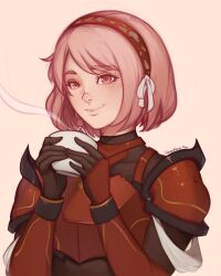 Rule 34 | 1girl, armor, artist name, blush, braid, breastplate, commentary, cup, english commentary, fire emblem, fire emblem engage, gloves, hair ribbon, hairband, highres, holding, holding cup, lapis (fire emblem), looking at viewer, medium hair, nintendo, pauldrons, pink eyes, pink hair, red hairband, ribbon, short hair, shoulder armor, side braid, sleepy korok, smile, solo, steam, swept bangs, two-tone hairband, white ribbon