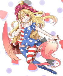 Rule 34 | &gt;;d, 1girl, ;d, abe suke, american flag dress, american flag legwear, blonde hair, clenched teeth, clownpiece, collar, eyebrows, fire, frilled collar, frilled shirt collar, frills, grin, groin, hair ornament, hat, heart, jester cap, long hair, looking at viewer, neck ruff, one eye closed, open mouth, pantyhose, polka dot, red eyes, shirt, short sleeves, simple background, smile, solo, star (symbol), star hair ornament, striped, teeth, torch, touhou, v, v-shaped eyebrows, very long hair