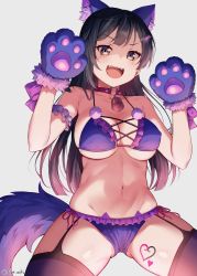 Rule 34 | 1girl, :d, animal ears, animal hands, arm garter, bare shoulders, black eyes, black hair, black thighhighs, bra, breasts, choker, cleavage, covered erect nipples, fangs, frills, garter straps, gloves, halterneck, hands up, heart, heart tattoo, highres, lingerie, long hair, looking at viewer, love live!, love live! nijigasaki high school idol club, medium breasts, mia (fai1510), navel, open mouth, panties, paw gloves, purple bra, purple panties, simple background, smile, solo, stomach, string bra, tail, tattoo, thighhighs, thighs, underwear, underwear only, v-shaped eyebrows, white background, wolf ears, wolf paws, wolf tail, yuuki setsuna (love live!)