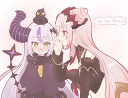 Rule 34 | between breasts, blush, breasts, crow (la+ darknesss), demon horns, hololive, holox, honey strap, horns, la+ darknesss, large breasts, long hair, nanashi inc., necktie, necktie between breasts, pink hair, sasa y0m5, striped horns, suou patra, virtual youtuber, whispering