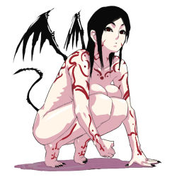 Rule 34 | 1girl, arm support, barefoot, black hair, black nails, demon, demon girl, knees to chest, knees to chest, lowres, nail polish, nude, original, solo, squatting, tail, tattoo, usatarou, wings