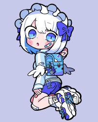 Rule 34 | 1girl, backpack, bag, bandaid, bandaid on cheek, bandaid on face, black outline, blue bag, blue bow, blue eyes, blue footwear, blue nails, blue shorts, blue track suit, blush stickers, bow, chibi, feathered wings, gauze on knee, hair bow, headdress, highres, light blue background, looking to the side, original, outline, short hair, shorts, solo, terada tera, track suit, white hair, white headdress, wings
