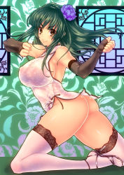 Rule 34 | 1girl, ass, bad id, bad pixiv id, breasts, china dress, chinese clothes, clenched hands, covered erect nipples, detached sleeves, dress, fighting stance, flower, green hair, hair flower, hair ornament, high heels, highres, lace, lace-trimmed legwear, lace trim, large breasts, long hair, no panties, original, rokko, sideboob, smile, solo, thick thighs, thighhighs, thighs, yellow eyes