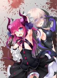 Rule 34 | 10s, 2girls, armor, bare shoulders, blue eyes, blush, breasts, detached sleeves, dress, elbow gloves, elizabeth bathory (fate), elizabeth bathory (fate/extra ccc), elizabeth bathory (first ascension) (fate), fate/extra, fate/extra ccc, fate/grand order, fate (series), gloves, hair between eyes, hair over one eye, highres, hinata kokage, horns, long hair, mash kyrielight, medium breasts, multiple girls, open mouth, panties, pink hair, pointy ears, purple eyes, ribbon, short hair, sideboob, silver hair, small breasts, striped clothes, striped panties, tail, thighhighs, underboob, underwear, v