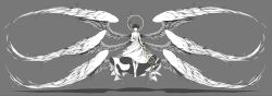 Rule 34 | 10s, 1boy, alternate costume, ancient greek clothes, animal, arm at side, bare shoulders, black hair, closed eyes, collarbone, colored skin, feathered wings, floating, frills, full body, greco-roman clothes, grey background, halo, head wreath, highres, himation, holding, holding staff, holding weapon, limited palette, male focus, matsuno choromatsu, monochrome, multiple wings, no shoes, osomatsu-kun, osomatsu-san, pectorals, seraph, shadow, silentcity, simple background, snake, solo, spot color, staff, toga, weapon, white skin, wings