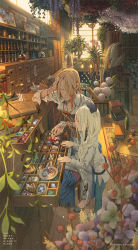 Rule 34 | 1girl, albino, androgynous, animal, animal on head, apple, bad id, bad pixiv id, balance scale, belt, black nails, blonde hair, book, book stack, bookmark, bookshelf, bottle, box, bracelet, braid, bug, butterfly, cage, cattail, chair, closed eyes, closet, collared shirt, coral, creature, crystal, cup, curtains, drawer, drink, drinking glass, earrings, flask, flower, food, framed, fringe trim, fruit, gem, glass, grimoire, hair over one eye, hair over shoulder, hand on own head, highres, holding, holding cup, holding drinking glass, ice, ice cube, indoors, insect, jar, jewelry, lantern, lemon, liquid, long hair, long sleeves, magic circle, mortar (bowl), mug, nail polish, no socks, on head, on one knee, open book, original, panties, pants, paper, parted lips, picture frame, plant, plate, potted plant, red eyes, rose, round-bottom flask, rug, scroll, shadow, shawl, shelf, shell, shirt, shop, single braid, skull, slippers, standing, standing on one leg, stool, sunlight, taki zen&#039;ichi, tassel, text focus, twin braids, underwear, very long hair, vines, watermark, web address, weighing scale, white background, white hair, white shirt, window, wooden floor, yarn, yarn ball