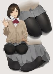 Rule 34 | 1girl, ascot, black pantyhose, blouse, bob cut, brown eyes, buttons, collared shirt, commentary request, feet, highres, lap pillow invitation, legs together, long sleeves, looking at viewer, miru tights, moegi homi, multiple views, no shoes, open mouth, pantyhose, pleated shirt, red ascot, seiza, shirt, short hair, sitting, soles, swept bangs, white shirt, yomu (sgt epper)