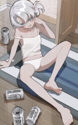 Rule 34 | 1girl, alcohol, barefoot, beer, beer can, blue eyes, camisole, can, drink can, flat chest, folded ponytail, frost fog, grey hair, highres, looking at viewer, off shoulder, on floor, original, panties, parted lips, sitting, solo, underwear, white camisole, white panties