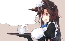 Rule 34 | 1girl, alternate costume, animal ears, apron, bad id, bad twitter id, black gloves, blue ribbon, breasts, brown background, brown hair, coffee mug, commentary request, cup, enmaided, fang, from side, gloves, holding, holding tray, imaizumi kagerou, large breasts, long hair, looking at viewer, looking to the side, maid, maid apron, maid headdress, mug, open mouth, red eyes, ribbon, short sleeves, solo, steam, suminagashi, touhou, tray, upper body, wolf ears