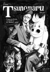 Rule 34 | 1boy, absurdres, beret, chair, commentary request, dog, drink, english text, facial hair, formal, frown, glass, glasses, goatee, greyscale, hat, hatching (texture), highres, horse, ice, jewelry, crossed legs, male focus, midori makibaoo, midori no makibaoo, monochrome, murata yuusuke, mustache, necktie, parted lips, real life, ring, signature, sitting, solo, suit, traditional media, tsunomaru (character)