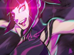 Rule 34 | 1girl, aurahack, bare shoulders, black hair, blurry, breasts, chinese clothes, drill hair, dudou, glowing, glowing eyes, halterneck, halterneck, han juri, highres, large breasts, open mouth, outstretched arms, pink eyes, sidelocks, signature, smile, solo, street fighter, street fighter iv (series), tongue, tongue out, twin drills, upper body