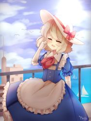 Rule 34 | 1girl, apron, artist name, ascot, bad id, bad pixiv id, bird, blonde hair, blouse, blue shirt, blue skirt, boat, bow, building, buttons, closed eyes, cloud, cloudy sky, collared shirt, elbow gloves, frilled apron, frilled skirt, frilled sleeves, frills, gloves, hat, hat bow, highres, kana anaberal, maid apron, merry (cranberry), outdoors, pink bow, puffy short sleeves, puffy sleeves, railing, rainbow, red ascot, sailboat, seagull, shirt, short hair, short sleeves, skirt, skirt set, sky, smile, solo, sun hat, touhou, touhou (pc-98), water, watercraft, white gloves, white hat, white shirt