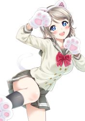 Rule 34 | 1girl, animal ears, animal hands, black legwear, blue eyes, blush, cat ears, cat paws, cat tail, grey hair, highres, knee up, leg up, looking at viewer, love live!, love live! sunshine!!, neckerchief, open mouth, paw pose, pleated skirt, sailor collar, sankuro (agoitei), school uniform, short hair, simple background, skirt, smile, tail, watanabe you, white background
