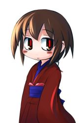 Rule 34 | 1girl, blush, brown hair, character request, japanese clothes, kimono, kurame, kusari hime: euthanasia, long sleeves, red eyes, sash, short hair, simple background, solo, ugif, upper body, white background
