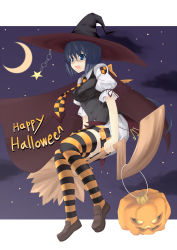 Rule 34 | 1girl, bad id, bad pixiv id, black hair, blue eyes, broom, broom riding, cape, checkered clothes, checkered necktie, crescent moon, flying, halloween, happy halloween, hat, highres, izumi sai, jack-o&#039;-lantern, key, moon, necktie, night, night sky, open mouth, original, patterned legwear, pumpkin, short hair, sitting, sky, smile, solo, star (symbol), striped clothes, striped thighhighs, thighhighs, witch hat, zettai ryouiki