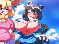 Rule 34 | 2girls, alternate breast size, animal ears, bikini, bikini top only, bikini under clothes, black hair, black neckwear, blonde hair, blood, blue cardigan, blue sky, bouncing breasts, bow, bowtie, breast pocket, breasts, breasts out, brown eyes, cardigan, closed eyes, cloud, common raccoon (kemono friends), covered erect nipples, day, elbow gloves, emphasis lines, empty eyes, extra ears, fang, fennec (kemono friends), fox ears, fur collar, gloves, grey hair, gussuripii, highres, huge breasts, kemono friends, looking at another, medium breasts, medium hair, motion lines, multicolored hair, multiple girls, nosebleed, open cardigan, open clothes, open mouth, outdoors, parted lips, pink sweater, pocket, raccoon ears, raccoon tail, shiny skin, short-sleeved sweater, short sleeves, skindentation, skirt, sky, smile, stomach, striped bikini, striped clothes, striped tail, sweat, sweater, swimsuit, swimsuit under clothes, tail, teeth, textless version, two-tone hair, unaligned breasts, undressing, upper body, upper teeth only, yellow neckwear