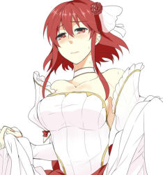 Rule 34 | 1girl, alternate costume, bare shoulders, blush, breasts, bridal gauntlets, bride, cosplay, dress, embarrassed, fire emblem, fire emblem: mystery of the emblem, fire emblem: shadow dragon, fire emblem heroes, flower, hair between eyes, hair flower, hair ornament, ijiro suika, large breasts, looking at viewer, lucina (fire emblem) (cosplay), minerva (fire emblem), nintendo, red eyes, red hair, skirt hold, solo, sweatdrop, upper body, wedding dress, white background