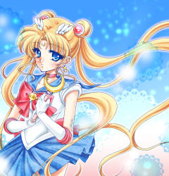 Rule 34 | 1990s (style), 1girl, bishoujo senshi sailor moon, blonde hair, blue background, blue eyes, blue sailor collar, blue skirt, bow, brooch, choker, crescent, crescent facial mark, double bun, earrings, expressionless, facial mark, gloves, hair ornament, hairpin, jewelry, long hair, lowres, magical girl, moon stick, red bow, retro artstyle, ribbon, sailor collar, sailor moon, shirataki kaiseki, skirt, solo, sparkle, tsukino usagi, twintails, white gloves
