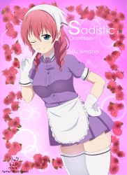 Rule 34 | absurdres, amano miu, apron, blend s, blue eyes, braid, commentary, floral background, flower, gloves, head scarf, highres, hoshizora rick, maid, one eye closed, red hair, rose, rose background, smile, sparkle, stile uniform, waitress, white gloves