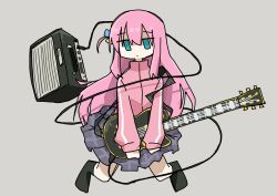 Rule 34 | 1girl, absurdres, ahoge, amplifier, aqua eyes, black socks, bocchi the rock!, closed mouth, commentary, cube hair ornament, dot mouth, electric guitar, english commentary, expressionless, floating, floating object, full body, gibson les paul, gotoh hitori, grey background, guitar, hair between eyes, hair ornament, highres, holding, holding instrument, instrument, jacket, jitome, kneeling, legs apart, long hair, no pupils, one side up, pink hair, pink jacket, plaid, plaid skirt, pleated skirt, purple skirt, simple background, skirt, sleeves past wrists, socks, solo, tokiwa (914), track jacket, v arms, very long hair, wind, wind lift