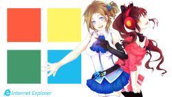 Rule 34 | 2girls, aizawa inori, artist request, belt, blue eyes, collateral damage studios, copyright name, elbow gloves, gloves, hair ornament, headphones, highres, internet explorer, long hair, looking at viewer, microsoft, multiple girls, open mouth, original, personification, voice actor connection, short hair, single glove, skirt, smile, thighhighs, tina kim, wallpaper, yellow eyes, zettai ryouiki