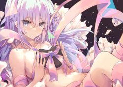 Rule 34 | 1girl, bare shoulders, blush, bow, candy, chocolate, chocolate heart, closed mouth, collarbone, commentary request, flat chest, food, heart, highres, holding, holding food, koomoi, legs together, long hair, looking at viewer, lying, naked ribbon, navel, on back, original, purple bow, purple eyes, purple hair, purple ribbon, ribbon, smile, solo, stomach, valentine, very long hair