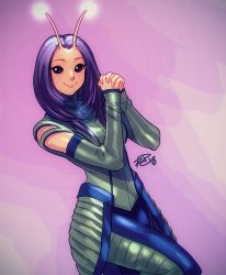 Rule 34 | 1girl, animification, antennae, bad id, bad twitter id, black eyes, breasts, closed mouth, detached sleeves, facing viewer, glowing, guardians of the galaxy, hands up, happy, highres, interlocked fingers, leg up, long hair, long sleeves, looking at viewer, mantis (marvel), marvel, marvel cinematic universe, medium breasts, own hands together, pants, pink background, purple hair, robaato, signature, sleeves past wrists, smile, solo
