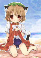 Rule 34 | 1girl, animal ears, bad id, bad pixiv id, barefoot, beach, brown hair, cat ears, cat girl, cat tail, chen, clothes lift, dress, feet, female focus, flat chest, full body, hat, mizukusa aoba, multiple tails, ocean, one-piece swimsuit, outdoors, red eyes, school swimsuit, short hair, sitting, skirt, skirt lift, sky, smile, solo, swimsuit, swimsuit under clothes, tail, touhou, wariza