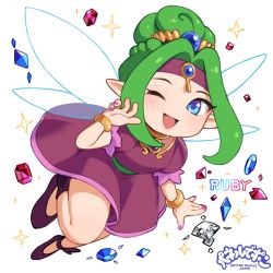 Rule 34 | 1girl, ;d, ballet slippers, bangle, belt, blue eyes, blush, bracelet, breasts, brooch, dress, fairy, fairy wings, flying, footwear ribbon, foreshortening, full body, gem, green belt, green hair, hand up, highres, jewelry, looking at viewer, medium hair, nail polish, omaru gyuunyuu, one eye closed, open mouth, panel de pon, pointy ears, puffy sleeves, purple dress, purple footwear, purple skirt, ruby (panel de pon), sidelocks, simple background, skirt, small breasts, smile, solo, tiara, waving, white background, wings