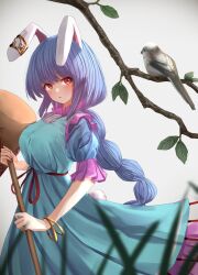 Rule 34 | 1girl, animal ears, bird, blue dress, blue hair, braid, branch, commentary, dress, earclip, grey background, highres, holding, kine, long hair, looking at viewer, mallet, parted lips, rabbit ears, rabbit girl, rabbit tail, red eyes, seiran (touhou), short sleeves, tail, teruteru12, touhou