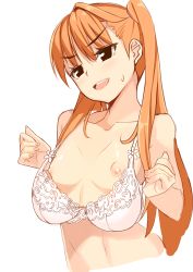 Rule 34 | &gt;:d, 1girl, :d, black eyes, bra, breast conscious, breasts, gin (ginshari), long hair, nipples, open mouth, orange hair, original, oversized clothes, simple background, small breasts, smile, solo, sweatdrop, twintails, underwear, v-shaped eyebrows, white background, white bra