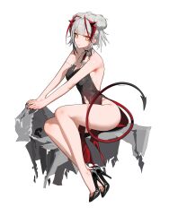 1girl absurdres antenna_hair antennae arknights black_dress black_footwear breasts china_dress chinese_clothes demon_girl demon_horns demon_tail dress grey_hair highres horns legs looking_at_viewer ohkurrva orange_eyes red_dress red_horns red_nails rock solo tail thighs w_(arknights) white_background wis&#039;adel_(arknights)