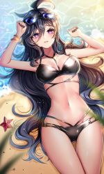 Rule 34 | 1girl, ahoge, armpits, arms up, beach, bikini, black-framed eyewear, black bikini, black hair, black nails, blue hair, blush, bracelet, breasts, bright pupils, character request, check character, cleavage, collarbone, commission, day, elsword, eyewear on head, from above, gradient hair, hair between eyes, highres, jewelry, long hair, looking at viewer, lying, medium breasts, multi-strapped bikini, multicolored hair, nail polish, navel, nisha (elsword), nisha labyrinth (elsword), on back, on ground, outdoors, parted lips, pixiv commission, purple eyes, sand, smile, solo, starfish, stomach, sunglasses, swimsuit, thigh gap, very long hair, water, xes (xes 5377)