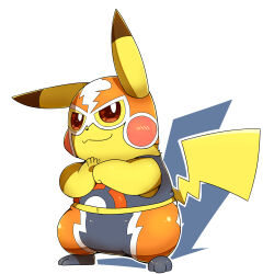 Rule 34 | absurdres, animal focus, brown eyes, closed mouth, clothed pokemon, cosplay pikachu, creatures (company), fist in hand, game freak, gen 1 pokemon, highres, mask, midriff, multicolored clothes, nintendo, no humans, pants, pikachu, pikachu libre, pokemon, pokemon (creature), shirt, short sleeves, tatu wani, white background