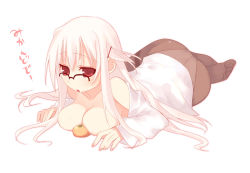 Rule 34 | 1girl, ass, bare shoulders, blonde hair, breasts, brown pantyhose, cleavage, crotch seam, female focus, food, food between breasts, fruit, glasses, kashiwamochi yomogi, large breasts, long hair, looking at viewer, looking over eyewear, lying, mandarin orange, no bra, on stomach, open clothes, open shirt, oppai mochi, original, panties, panties under pantyhose, pantyhose, red eyes, shirt, simple background, solo, translated, underwear, white background