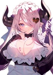 Rule 34 | 1girl, apron, blue eyes, bow, breasts, cleavage cutout, clothing cutout, draph, granblue fantasy, hair over one eye, horns, large breasts, licking lips, narmaya (granblue fantasy), narmaya (valentine) (granblue fantasy), pink hair, pointy ears, solo, soukou makura, sparkling eyes, tongue, tongue out