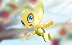 Rule 34 | :d, = (9 yawbus), antennae, blue eyes, blurry, blurry background, celebi, colored skin, creatures (company), fairy wings, flying, full body, game freak, gen 2 pokemon, green skin, highres, legendary pokemon, looking at viewer, looking back, mythical pokemon, nintendo, no humans, open mouth, pokemon, pokemon (creature), smile, solo, wings