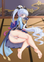 Rule 34 | 1girl, absurdres, ass, ayaka (genshin impact), barefoot, blue eyes, blush, cameltoe, cleft of venus, covering own mouth, fan, feet, genshin impact, highres, japanese clothes, long hair, looking at viewer, lying, on side, panties, ponytail, soles, tatami, toes, underwear